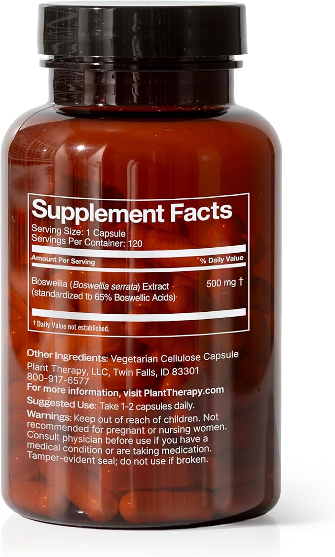 Plant Therapy Boswellia Herbal Supplement Capsules, Supports Joint Flexibility and Comfort, Soothes Discomfort, Promotes Clear, Healthy Skin, 120 Vegetarian Capsules (4 Month Supply), Made in The USA
