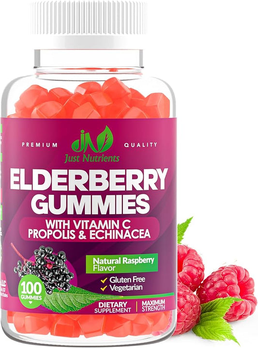 Elderberry Gummies with Vitamin C, Echinacea, Propolis (100 count) - Immune Support for Adults & Kids - Maximum Strength, Great Tasting Raspberry Flavor - Gluten-Free, Vegan - 100 Gummies
