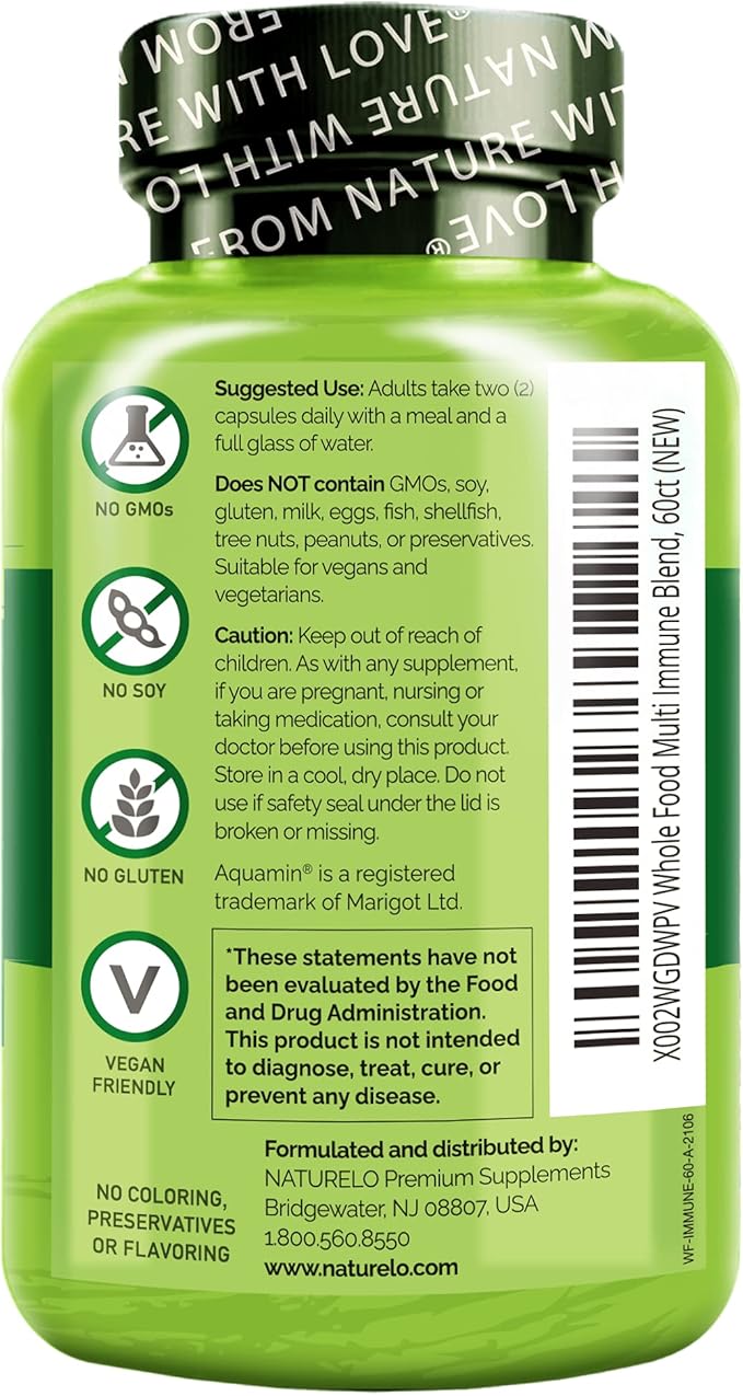 NATURELO Whole Food Multivitamin + Immune Blend with Elderberry & Mushrooms - Complete Multivitamin with Extra Immune Support - C, D3, Zinc, Elderberry, Reishi, Shitake, 60 Vegan Capsules (Pack of 2)