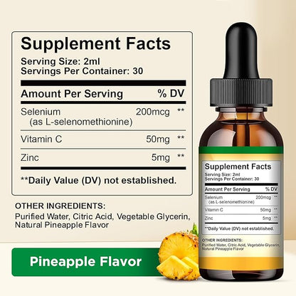 2 Pack Selenium Liquid Drops, 200mcg Liquid Selenium Supplement with Vitamin C & Zinc, Support for Immune System, Antioxidant & Heart Health, High Absorption, Pineapple Flavor