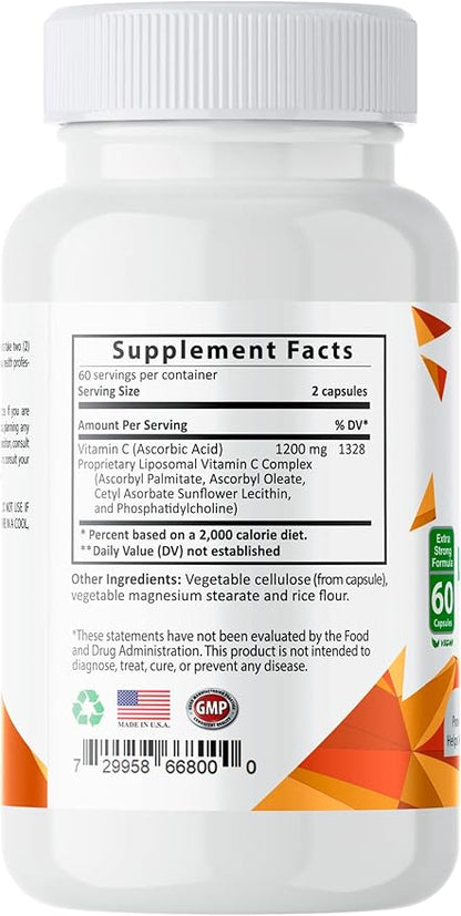 Pure Liposomal Vitamin C - 1200mg Immune System & Collagen Health Booster, Anti Aging Skin Vitamins, Sodium Ascorbate, Sunflower Lecithin (120 Capsules / 2 Months)