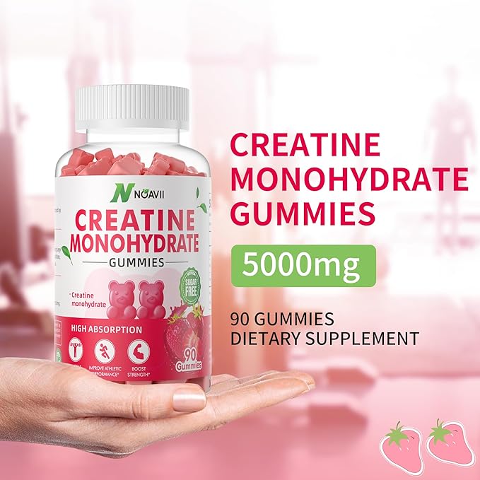 Creatine Monohydrate Gummies 5000mg for Men & Women, Chewables Creatine Monohydrate for Muscle Strength, Muscle Builder, Energy Boost, Pre-Workout Supplement-90 Strawberry Gummies