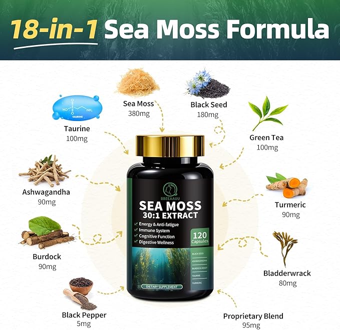 Shilajit for Men and Women, Sea Moss and Shilajit Bundle Pill, All in 1 Supplements with Coenzyme Q10, Black Seed, Ashwagandha, Taurine, Burdock for Energy, Antioxidant & Immune Support, 240 Capsule