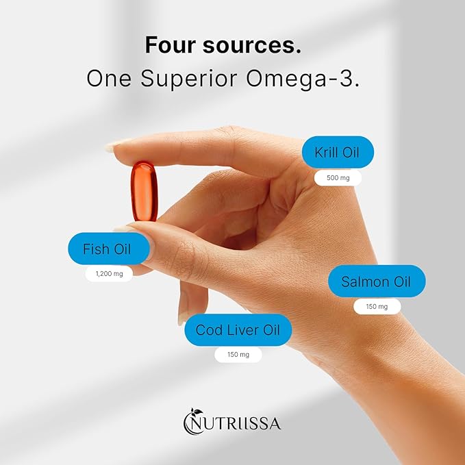Nutriissa Full Spectrum Omega-3 – 2000 mg Oil Blend (Krill, Cod & Salmon Oil) – 1175 mg Omega-3s (EPA, DHA & DPA) – EPEB Certified, 3-Month Supply – Heart, Brain & Joint Support – 180 Halal Softgels