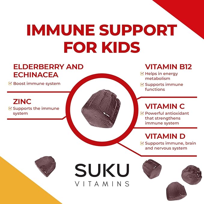 Kids Super Immunity - Elderberry, Echinacea, Vitamin A and Zinc Gummies for Immune Support - Easy to Chew - Non GMO, Gluten Sugar Free - Pomegranate Lime Gummy Vitamins, 50 Count