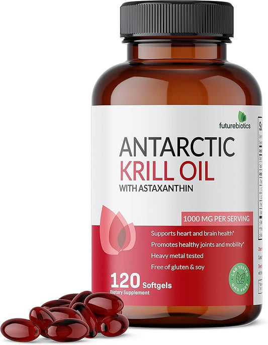Futurebiotics Antarctic Krill Oil 1000mg with Omega-3s EPA, DHA, Astaxanthin and Phospholipids - Premium Krill Oil Heavy Metal Tested, Non GMO – 120 Softgels (60 Servings)