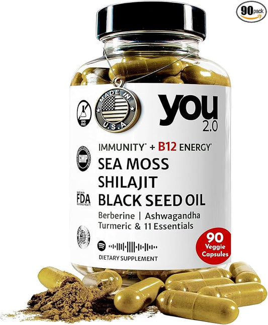 You2.0 Powerhouse Superfood with Seamoss, Shilajit, Ashwagandha, Berberine, Maca, Black Seed Oil, Turmeric, Vitamin C, D, B12, K2 - Moringa, Apple Cider, Made in USA for Overall Health & Immunity