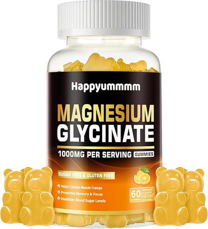 Magnesium Glycinate Gummies 1000mg - Sugar Free Magnesium Potassium Supplement with Vitamin D, B6, CoQ10 for Calm Mood & Sleep Support - 60 Orange Gummies