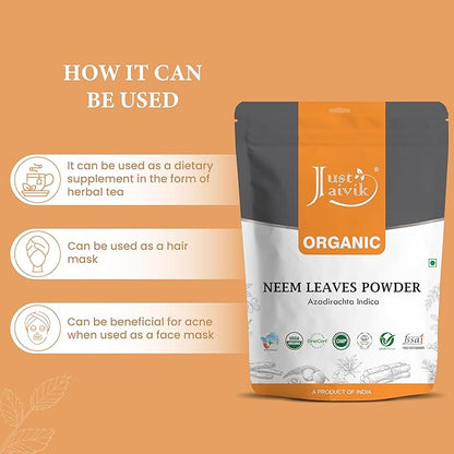 Just Jaivik 100% Organic Neem Leaves Powder - USDA Certified Organic, 227 GMS / 1/2 LB Pound / 08 Oz - Azadirachta Indica - Promoting Healthy Hair and Clear Skin (an USDA Organic Certified Herb)