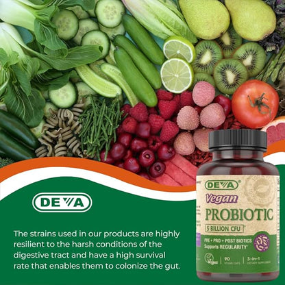 DEVA Vegan Probiotic, 5 Billion CFU 2-Pack – Dairy-Free FOS Prebiotics, Probiotics & Postbiotics, Digestive Health, Gut Support, 90 Vegan Caps Ea