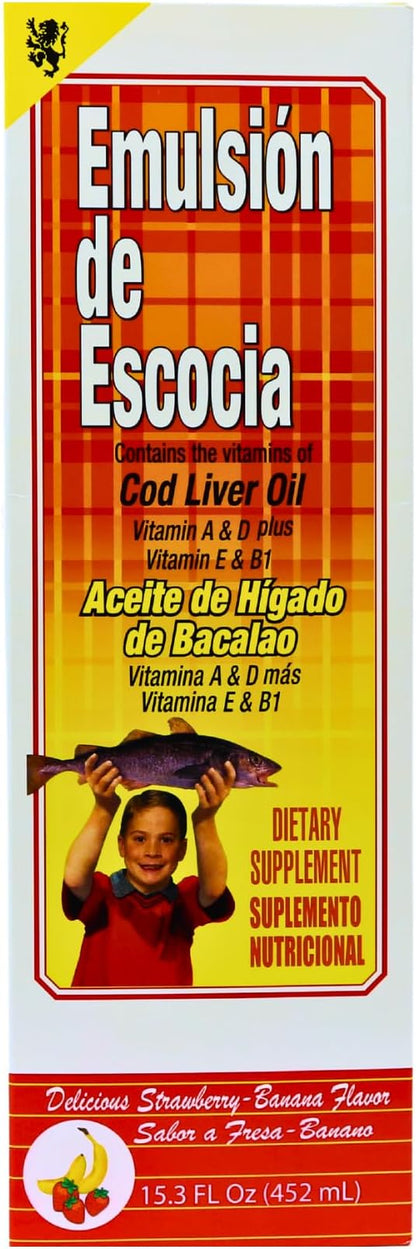 Cod Liver Oil, Dietary Supplement, Vitamins A, B1, D and E, Immune System Support, Strawberry/Banana Flavor (15.3 Fl Oz/Pack of 1)