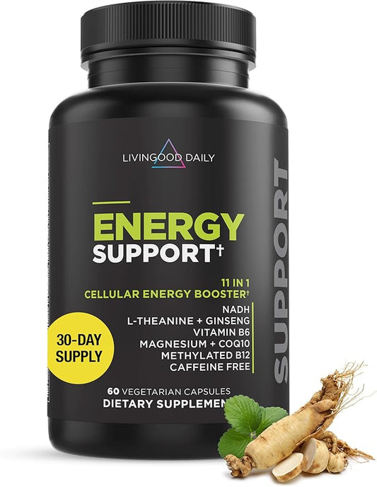 Livingood Daily Energy Supplements for Women & Men, 60 Vegetarian Capsules - Vitamin B6 & B12, NADH, L-Theanine & Magnesium Energy Support Pills Support Mood, Brain Health, & Muscle Function - Non-GMO