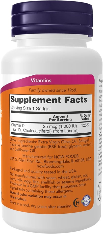NOW Foods Supplements, Vitamin D-3 1,000 IU, High Potency, Structural Support*, 360 Softgels
