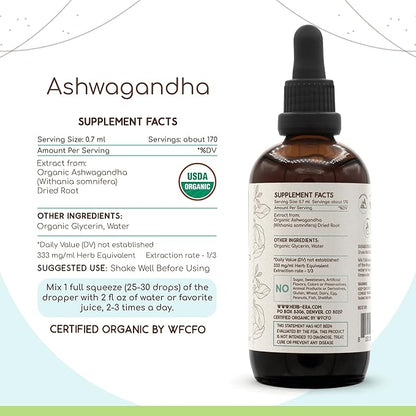 Ashwagandha B120 USDA Organic Tincture | Alcohol-Free Extract, High-Potency Herbal Drops | Certified Organic Ashwagandha (Withania Somnifera) Dried Root (4 oz)
