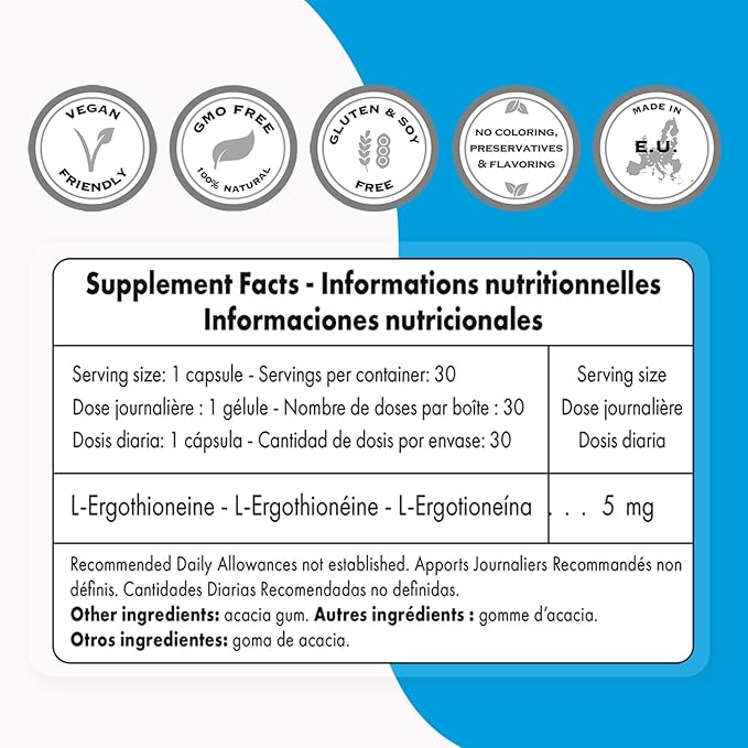 Supersmart L-Ergothioneine Supplement 5mg per Day (Advanced Antioxidant) | Non-GMO - 30 Vegetarian Capsules