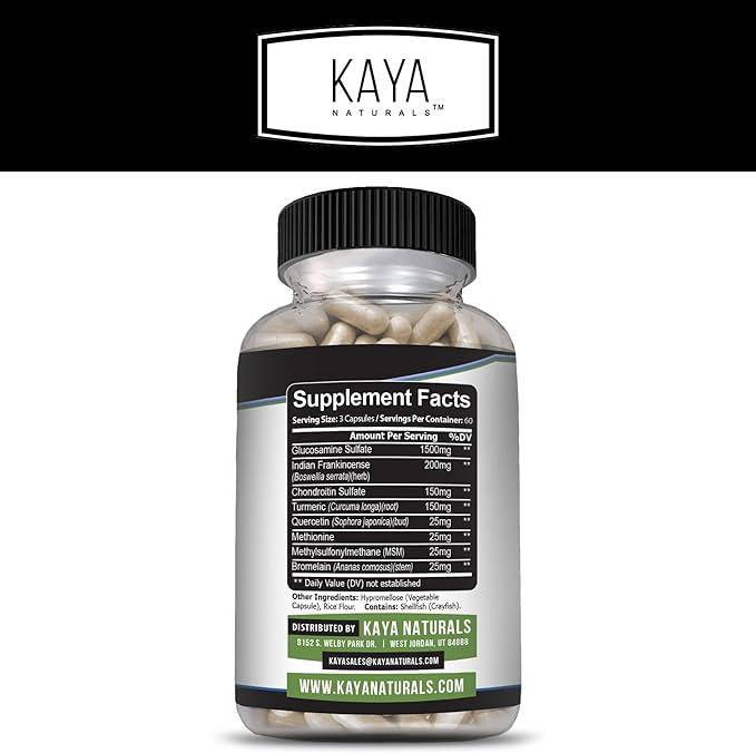 Kaya Naturals Flex Aid - Mobility Support Supplement for Men and Women - Turmeric Capsules with Glucosamine Sulfate, Boswellia Serrata and MSM - for Knee Support and Mobility Health - 180 Count