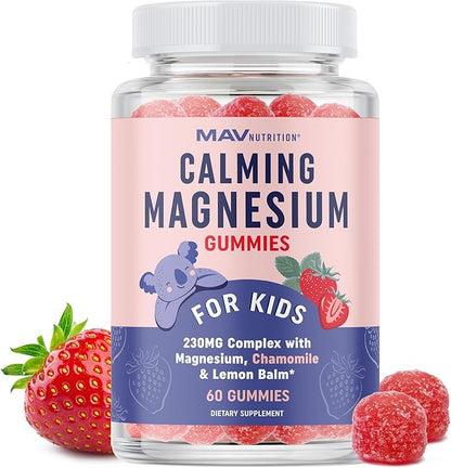 Magnesium Calming Gummies for Children | Strawberry | Relaxation & Natural Wake-Sleep Cycles | Relaxing Magnesium for Kids with Chamomile & Lemon Balm | Non-GMO, Gluten-Free | Calm Gummies 60ct