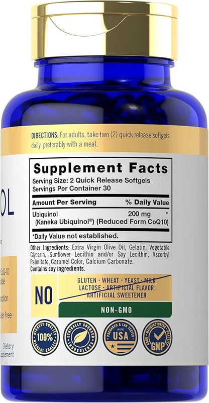 Carlyle Ubiquinol 200mg | 60 Softgels | CoQ10 Supplement | Highly Bioavailable | Non-GMO, Gluten Free