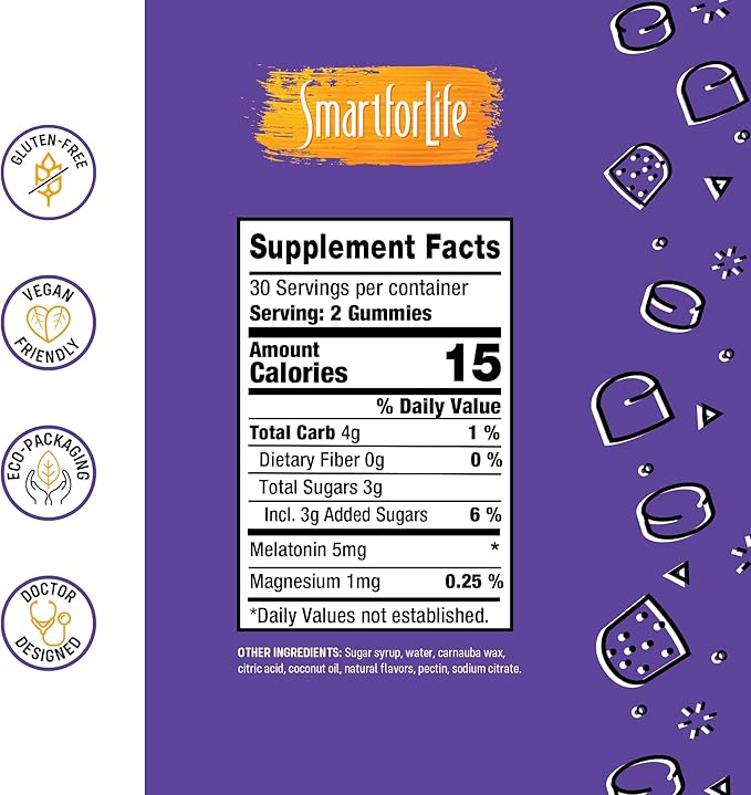 SMART FOR LIFE Melatonin Gummies 5mg W/Magnesium - 60 Count - Plant Based Vegan Melatonin Gummies - Strawberry Flavor Sleep Gummies - Heart & Bone Health Dietary Supplement - Adult Melatonin Gummies