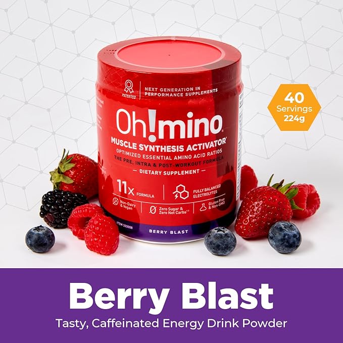 Oh!mino Amino Acids for Muscle Gain - BCAAs Amino Acids Powder Supplement for Pre & Post Workout - Caffeinated, Non Dairy, Vegan, Zero Sugar & Net Carbs - 40 Servings (Berry Blast)