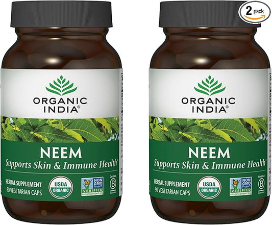 ORGANIC INDIA Neem Leaf Capsules, Herbal Supplement - Supports Skin, Immune, & Liver Health, Detox, Vegan, Gluten-Free, USDA Certified Organic - 90 Capsules (2-Pack)
