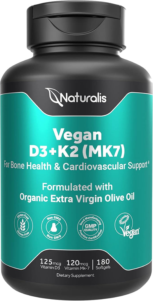 Vegan Vitamin D3 + K2 with Extra Virgin Olive Oil | 5000iu Vitamin D with 120mcg MK7 Vitamin K | Better Support for Bone & Immune Health | Vegan Society Certified 180 Softgels