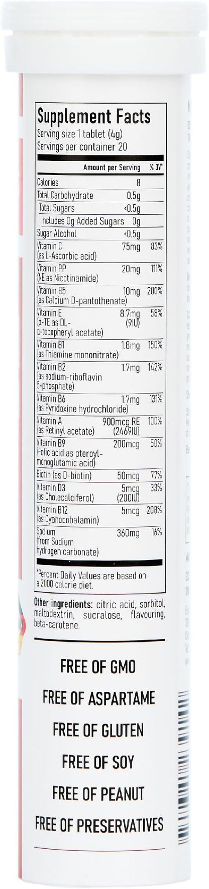 Effervescent Multivitamins + Biotin for Wellness and Vitality Dietary Supplement with Vitamins C, E, B1, B2 B6, B12, A, and D3, 20 Tablets