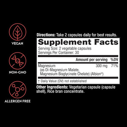 Magnesium Glycinate & Malate Complex | 300 mg | Chelated for Maximum Absorption | Supports Heart Health, Strong Bones, Muscle, Better Sleep | Gluten-Free, Non-GMO, Vegan, 60 Capsules