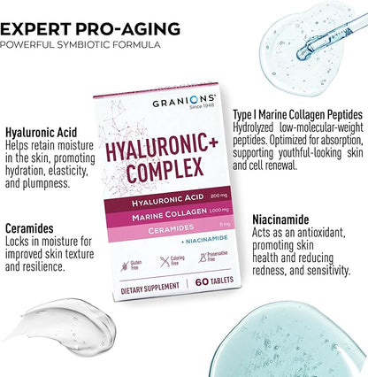 Hyaluronic Acid Complex Hydrating Skin Supplement – Marine Collagen Peptides, Ceramides, Vitamin B3 Niacinamide, Hyaluronic Acid Supplements for Women and Men – 60 Foil Sealed Tablets