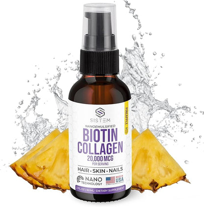 Sistem Extra Strength Liquid Biotin and Collagen Supplements, Hair, Skin and Nails Vitamins, Joint Support Supplement, Liquid Collagen for Women, Pineapple Flavor