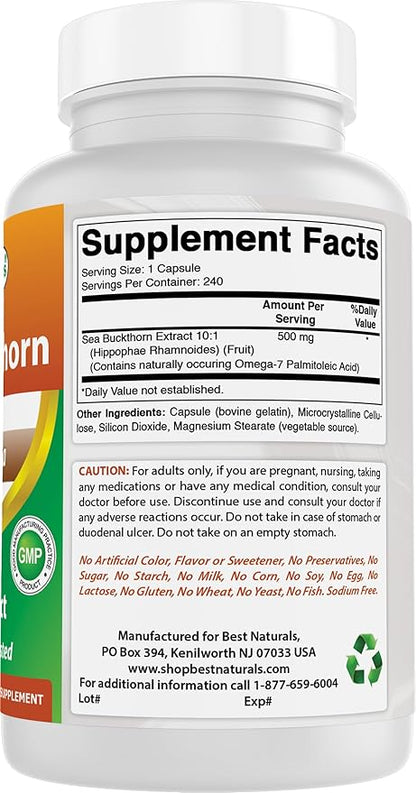 Best Naturals Sea Buckthorn Oil Powder Extract 10:1 500 mg 240 Capsules - Non-GMO, Gluten Free - Contains Naturally Occuring Omega-7 Palmetoleic Acid
