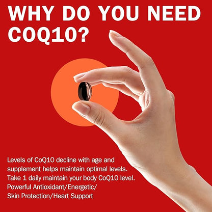 CoQ10 120mg with BioPerine(Black Pepper), Coenzyme Q10 with Vitamins E, Ultra High Absorption Antioxidant Support for Heart Health, Gluten Free, 30 Days Supply