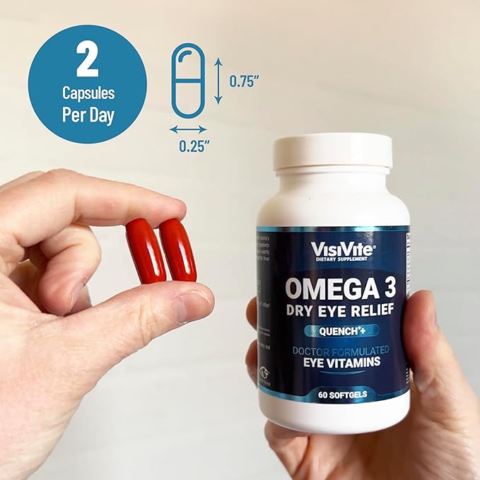 Omega 3 Dry Eye Supplements with EPA and DHA - VisiVite Dry Eye Relief Quench+ Eye Vitamins for dry eyes with Omega 3 Supplement - Dry Eye vitamins Made with Omega 3 Fish Oil - 60 Softgels.