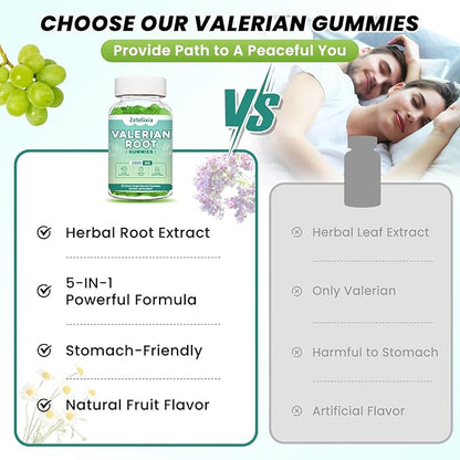 2 Pack Organic Valerian Root Gummies, Natural Calm to Help Relaxation, Herbal Supplement for Mood Support, Melatonin Free, Non-GMO, Gluten Free, Vegan, Green Grape Flavor, 120 Count