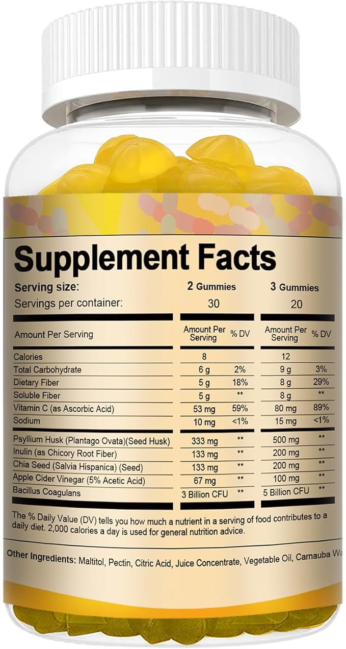 9-in-1 Probiotic Fiber Gummies for Adults Teens 16G Fiber per Serving, Psyllium Fiber Supplement with 5 Billion CFU Bacillus Coagulans, Inulin, ACV for Digestion Gut Immunity - 60 Gummies