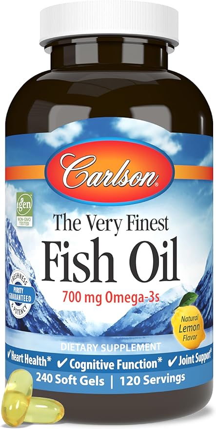 Carlson - The Very Finest Fish Oil, 700 mg Omega-3s, Norwegian Fish Oil Supplement, Wild Caught Omega 3 Fish Oil, Sustainably Sourced Fish Oil Capsules, Omega 3 Supplement, Lemon, 240 Softgels