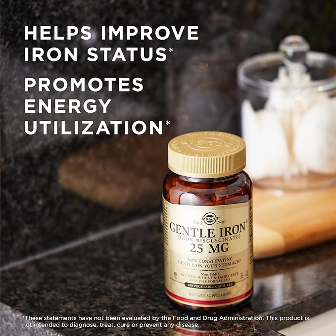 Solgar Gentle Iron (Iron Bisglycinate) 25 mg - 180 Vegetable Capsules, Pack of 3 - Non-Constipating, Gentle on Your Stomach - Non-GMO, Gluten Free - 540 Total Servings