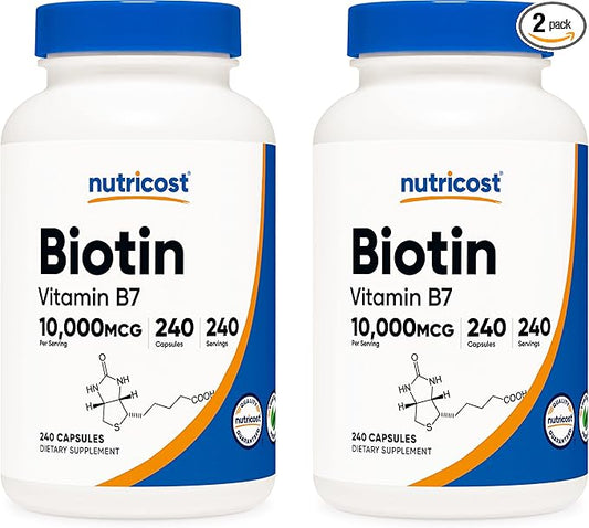 Nutricost Biotin (Vitamin B7) 10,000mcg (10mg), 240 Caps (2 Bottles) - Non-GMO, Gluten Free
