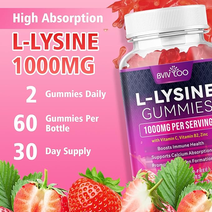 2 Pack L-Lysine 1000mg Gummies for Immune Support & Skin Health - High Potency Vegan Gummies, Sugar-Free, Natural Berry Flavor, Gluten-Free Chewable Supplement for Adults & Kids - 120 Gummiess