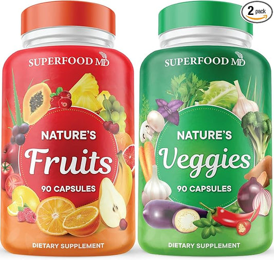 Superfood MD Fruits & Veggies Supplement - Whole Food Natural Superfoods - Supports Energy Levels, with Aloe Vera - Soy Free- 90 Count (Pack of 2)