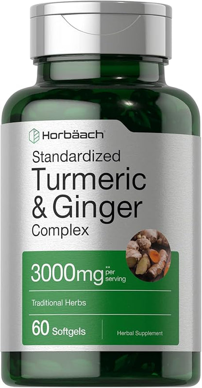 Horbäach Turmeric and Ginger Supplement 3000 mg | 60 Softgel Capsules | Turmeric Curcumin Complex with Black Pepper Extract | Non-GMO, Gluten Free
