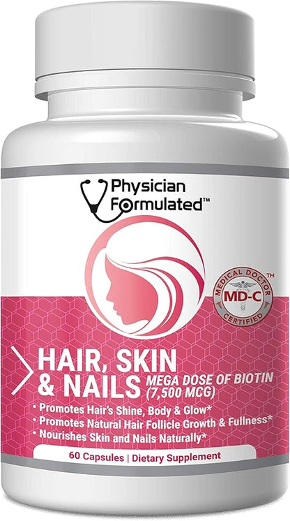 Healthy Hair Skin and Nails Vitamins for Men and Women - 7500 mcg Biotin, Amino Acids, Collagen and Hyaluronic Acid - 60 Capsules