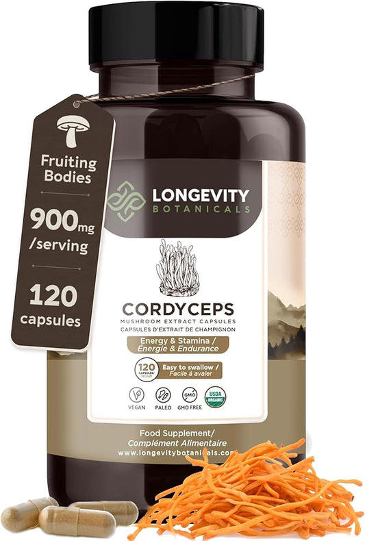 Longevity Botanicals Organic Cordyceps Mushroom Extract Capsules (120) | Concentrated 10:1 Ratio | 100% Fruiting Bodies | Cordyceps Militaris Natural Supplement for Respiratory & Performance Support