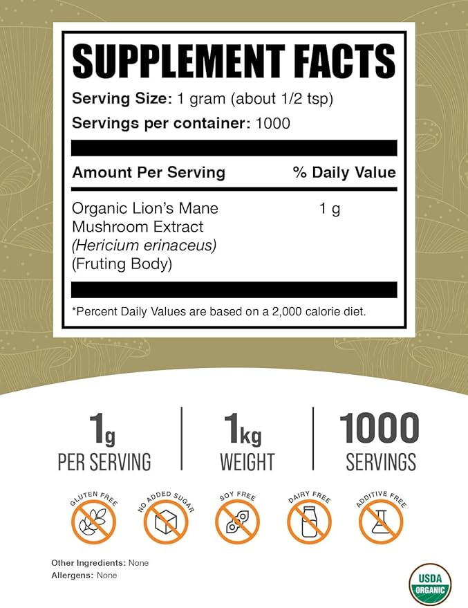 BulkSupplements.com Organic Lion's Mane Mushroom Extract Powder - Lions Mane Supplement Powder, Superfood for Well-Being - Vegan, 1g per Serving, 1kg (2.2 lbs) (Pack of 1)
