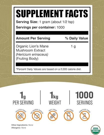 BulkSupplements.com Organic Lion's Mane Mushroom Extract Powder - Lions Mane Supplement Powder, Superfood for Well-Being - Vegan, 1g per Serving, 1kg (2.2 lbs) (Pack of 1)