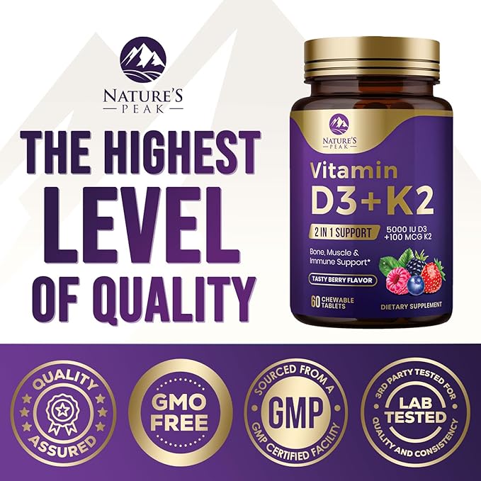Vitamin D3 5000 iu Plus K2 (MK-7) 100 mcg - 2 in 1 Vitamins D & K Complex - Supports Calcium Absorption, Bone, Immune, & Heart Health – Made in the USA, Non-GMO, Easy to Swallow - 60 Chewable Tablets