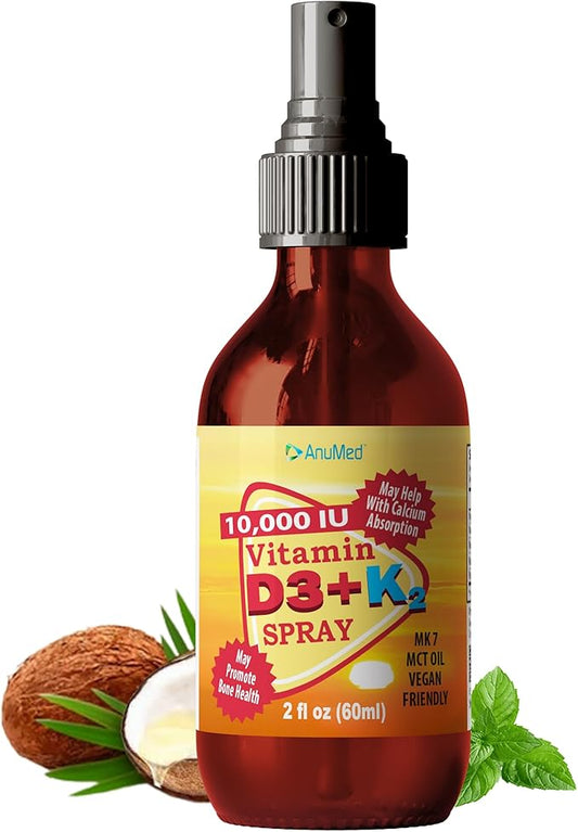 Vitamin D3 K2 10,000 IU Liquid Spray with Organic MCT Oil, Vitamin A (Retinol) 1250mcg, K2 (MK4,MK7) Promotes Heart, Bones, Immune System. 100% Vegan, Non-GMO, Gluten-Free, No Sugar Added (2oz)