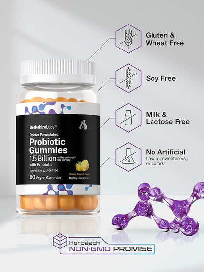 Horbäach Probiotic Gummies | 60 Count | 1.5 Billion with Prebiotic | Adult Supplement for Women and Men | Doctor Formulated | Tropical Flavor | Vegan, Non-GMO, and Gluten Free | Berkshire Labs