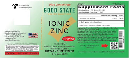 Good State Natural Ionic Zinc | Liquid Concentrate | Nano Sized Mineral Technology | Professional Grade Dietary Supplement | 1.6 fl oz Glass Bottle (50 mL)