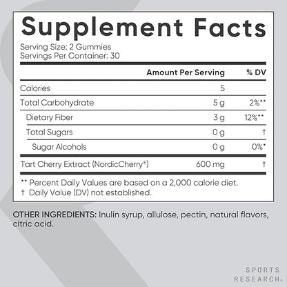 Sports Research® Tart Cherry Gummy Supplements | 600mg of NordicCherry™ | Enhanced Workout Recovery | Sugar and Sugar Alcohol Free - 60 Gummies for Adults, 1 Month Supply